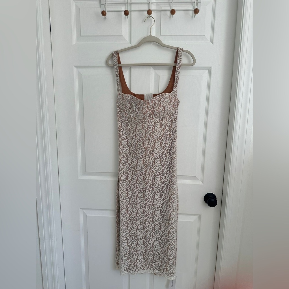 Rumored Cream and Brown Slip Runway Midi Dress Scoop Neck Sleeveless White Lace